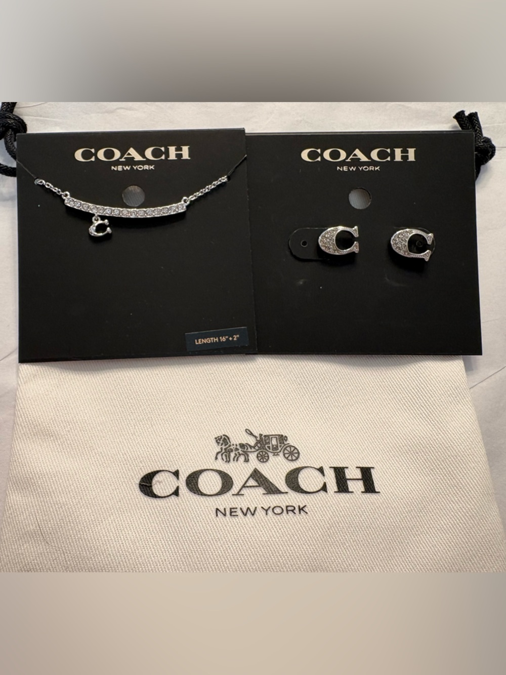 Coach Silver Crystal C Pendant Necklace and C Stud Earrings Set